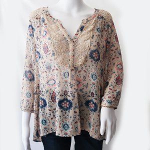 Maeve Tribal Print Semi Sheer Blouse with Lace